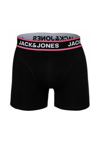 Boxer shorts en coton noir avec une taille en gris portant le texte rose et blanc "JACK & JONES." Comprend une coupe ajustée et une texture douce.