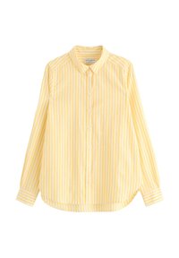 Gul stribet langærmet skjorte med button-down krave, der har lodrette hvide striber og en rundet kant i bunden.