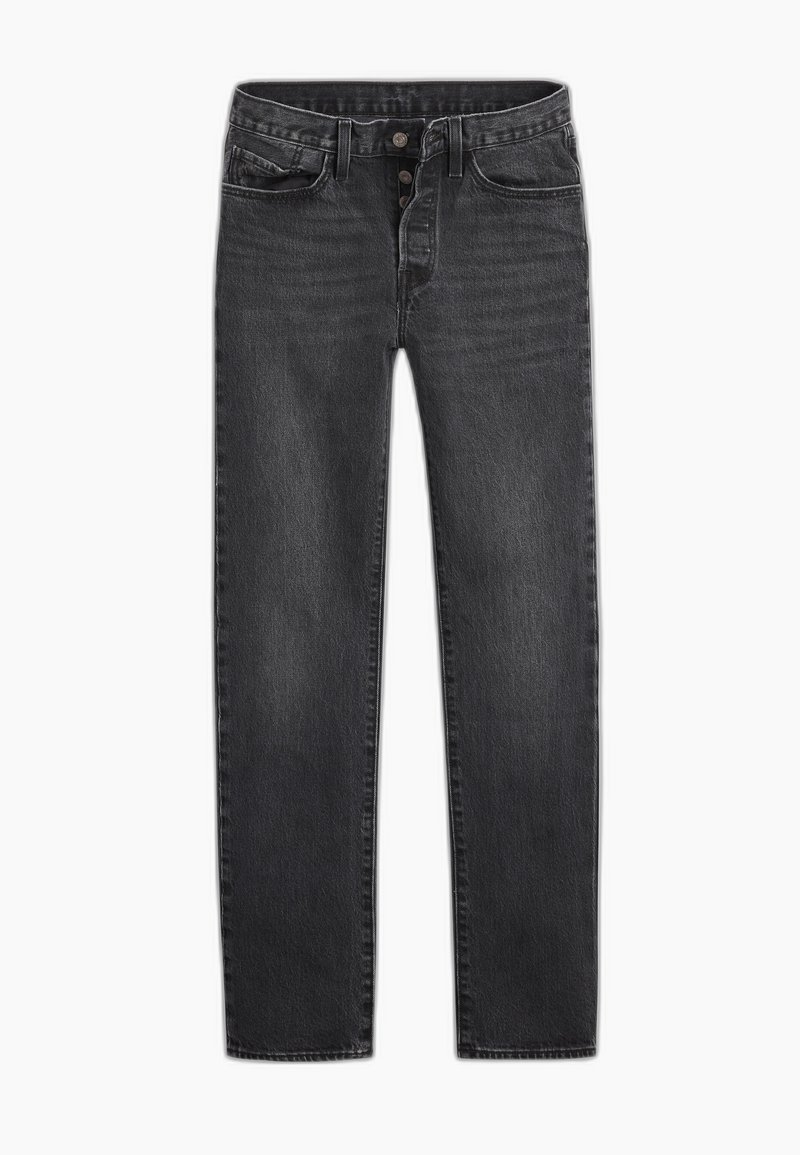 Black denim jeans with a straight leg, five-pocket design, and button fly. Features subtle fading, sturdy seams, and a classic cut.