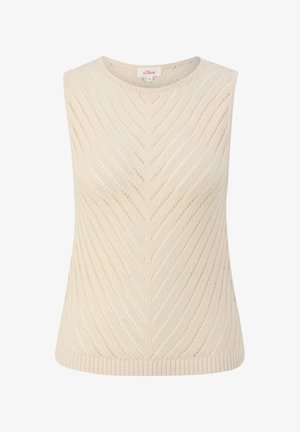 Ärmelloses cremefarbenes Stricktop mit Zickzackmuster, das aus texturiertem Material besteht und einen gerippten Saum aufweist. Einfacher Rundhalsausschnitt, ohne Verzierungen.