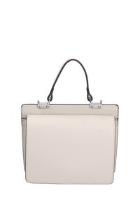 Borsa strutturata in pelle beige chiaro con dettagli neri. Presenta una maniglia superiore, forma rettangolare e chiusura magnetica. Texture liscia.