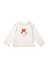 Langärmliges creamfarbenes Hemd aus Baumwolle mit einem Vogel- und Herzgrafik in Koralle und Pink, mit dem Text "halte deinen Kopf oben."