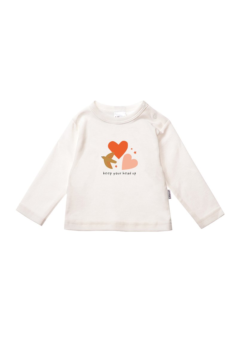 Langärmliges creamfarbenes Hemd aus Baumwolle mit einem Vogel- und Herzgrafik in Koralle und Pink, mit dem Text "halte deinen Kopf oben."