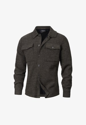 Braune, gerippte Hemdjacke mit umschlagbarem Kragen, zwei Brusttaschen und vorderer Knopfverschluss. Hergestellt aus strukturiertem Stoff, geeignet für das Schichten.