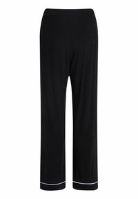 Pantaloni da lounge neri, leggeri, con vita elasticizzata, gambe diritte e rifinitura bianca lungo l'orlo. Tessuto liscio, design semplice.