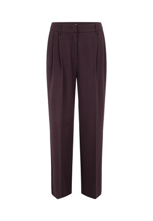 Pantaloni su misura di un viola scuro con pieghe, design a gamba dritta, tasche laterali e una texture del tessuto liscia. Vita elastica con passanti per cintura.