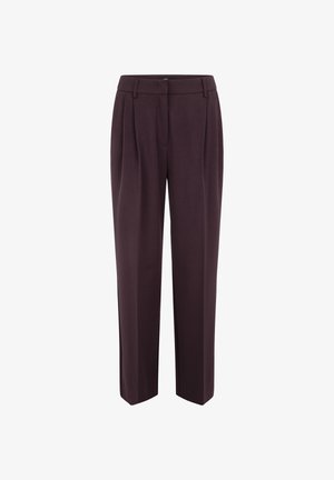 Dunkelviolette maßgeschneiderte Hose mit Falten, geradem Bein, seitlichen Taschen und glattem Stoff. Elastischer Bund mit Gürtelschlaufen.