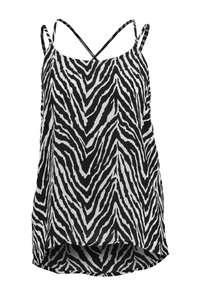 Camisole s černobílým zebřím vzorem, tenkými překříženými ramínky, volnou tkaninou a zakřiveným lemem pro uvolněný střih.