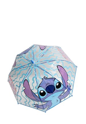 Transparenter Regenschirm mit blauen Wellenlinien und einem großen Cartoon-Gesicht von Stitch mit lila Ohren und großen schwarzen Augen.