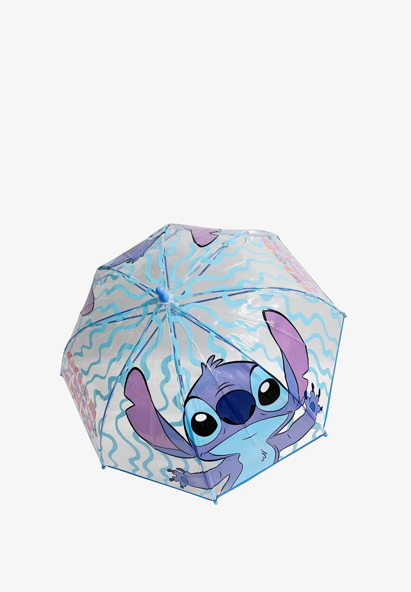 Transparent umbrella with blue wavy lines and a large cartoon face of Stitch with purple ears and big black eyes.