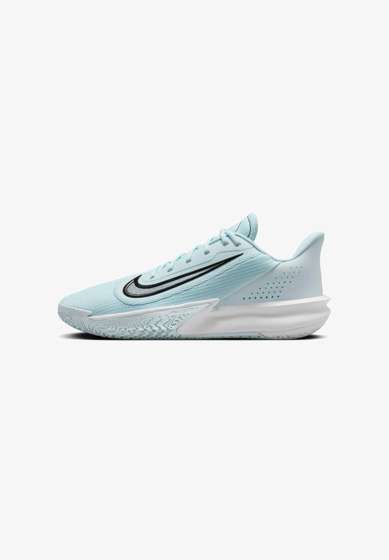 Light blue athletic shoe with a textured upper, black Swoosh logo, white sole, and patterned tread for grip. Features laces and padded collar.