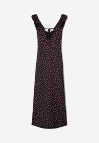 Robe noire avec un motif floral rose, design sans manches, accents d'épaule volants et détail de lien au dos. Tissu lisse, longueur genoux.