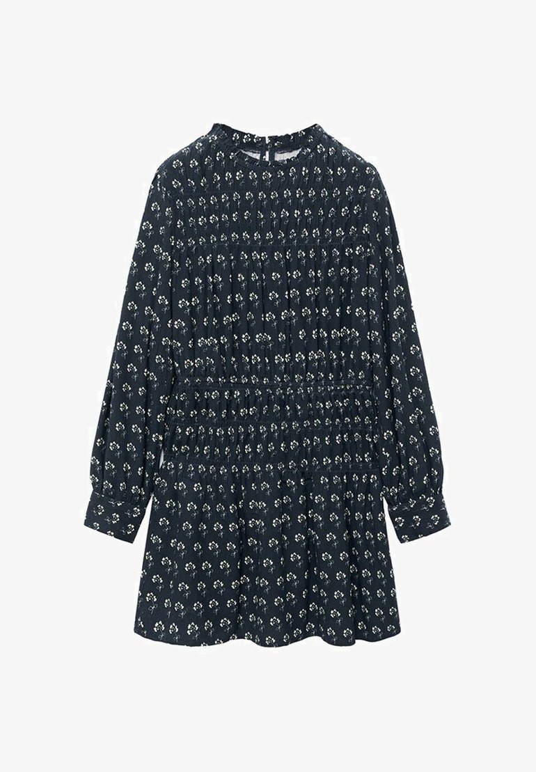 Morska obleka z dolgimi rokavi, gubanim bodicem in cvetličnim vzorcem v beli in zeleni barvi. Zvita krila s elastikastim pasom. Mehka tekstura tkanine.