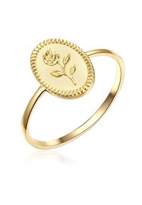 Anello in oro con un design floreale ovale che presenta una rosa e foglie. La fascia è liscia e sottile, con un bordo texturizzato attorno all'ovale.