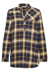 Tmavě modrá kostkovaná košile se žlutými a šedými akcenty, s límečkem, knoflíkovou légou, dlouhými rukávy a náprsní kapsou. Měkká textura tkaniny.
