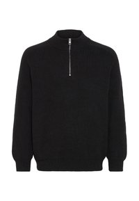 Schwarzer Strickpullover mit hohem Kragen und einem Viertel-Reißverschluss. Verfügt über gerippte Bündchen und Saum, die einen strukturierten Look und eine lockere Passform bieten.