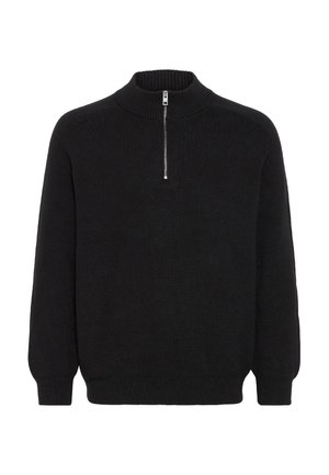 Sort strikket sweater med højt krave og en kvart lynlås. Har ribbede manchetter og nederkant, hvilket giver et tekstureret udseende og en afslappet pasform.