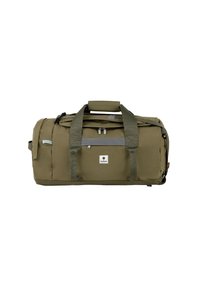 Borsa da viaggio verde oliva con manici doppi, tasca frontale con zip, striscia riflettente e tracolla regolabile, marchiata con una piccola etichetta bianca.