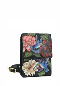 Schwarze Lederhandtasche mit floralen und Kolibri-Designs, mit strukturiertem Format, Klappenverschluss und verstellbarem Tragegurt.