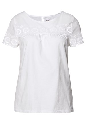 Witte blouse met korte mouwen, ronde halslijn en bloemrijke kanten borduursels op de bovenborst en mouwen, knoopsluiting aan de achterkant.