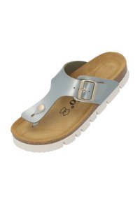 Ljusblå lädersandal med en brun fotbädd, vit gummisula, justerbar metallspänne och tådel design för en säker passform.