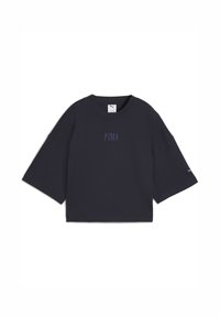 Sort cropped t-shirt lavet af bomuld. Har korte, brede ærmer og et lille lilla "PUMA" logo broderet på forsiden.