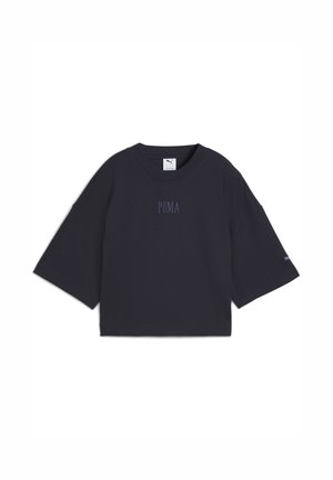 T-shirt noir court en coton. Présente des manches courtes et larges ainsi qu'un petit logo "PUMA" brodé en violet sur le devant.