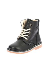 Stivale in pelle nera con lacci beige, punta rotonda e interni morbidi. Presenta una suola in un marrone chiaro a contrasto e cuciture decorative.