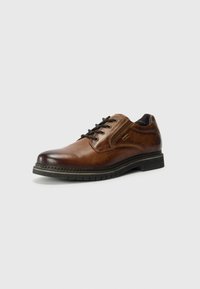 Brown leather shoe with a smooth finish, rounded toe, black laces, and subtle stitching details. Textured rubber sole for grip.