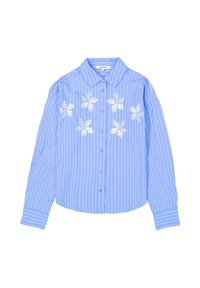 Blue button-up shirt with white vertical stripes and white embroidered leaf designs across the chest, long sleeves, and a classic collar.