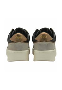 Un paio di sneakers nere, bronze e grigie con spesse suole bianche, viste da dietro con il logo "Gola" sul tab del tallone bronze.