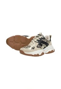 Beige and black sneakers with leopard print, textured materials, gum rubber sole, and chunky design elements. Laces and rear tab included.