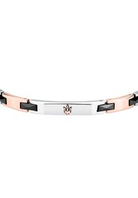 Il bracciale presenta anelli intrecciati in argento, oro rosa e nero. Ha una finitura liscia e lucida con un accento del logo su un anello rettangolare.