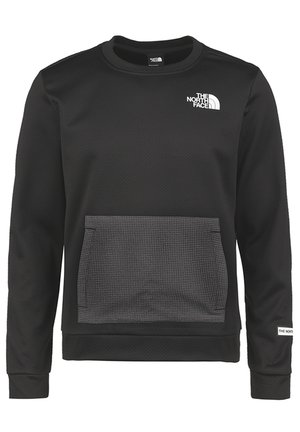 Zwarte lange mouwsweatshirt met ronde hals, voorzien van een geruit voorvak en een wit The North Face-logo op de borst en linker pols.