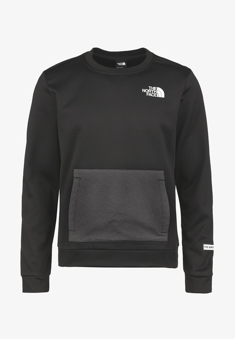 Sweat-shirt noir à manches longues avec col rond, poche avant à carreaux et logo blanc The North Face sur la poitrine et le poignet gauche.