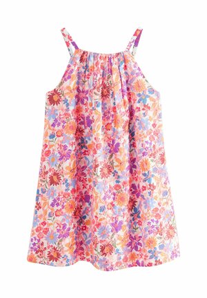 Blumenmuster-Sommerkleid aus leichtem Stoff, mit bunten Blumen in Rosa, Lila und Blau. Spaghettiträger und geraffter Ausschnitt.