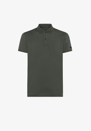 Polo a maniche corte verde scuro con abbottonatura a due bottoni e colletto classico, design semplice senza loghi o motivi visibili.