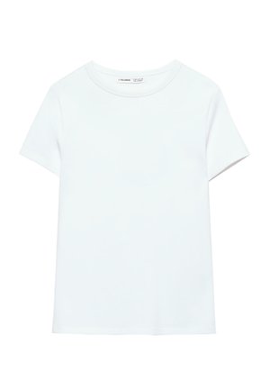 Ensfarvet hvid kortærmet bomuldst-shirt med rund hals, vist fladt på hvid baggrund, uden synlige mønstre eller logoer.