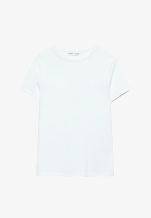 Ensfarvet hvid kortærmet bomuldst-shirt med rund hals, vist fladt på hvid baggrund, uden synlige mønstre eller logoer.