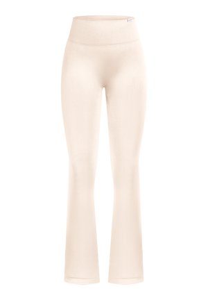 Beige vide leggings lavet af strækbart stof, med en bred, ribbet talje og en glat tekstur hele vejen igennem.