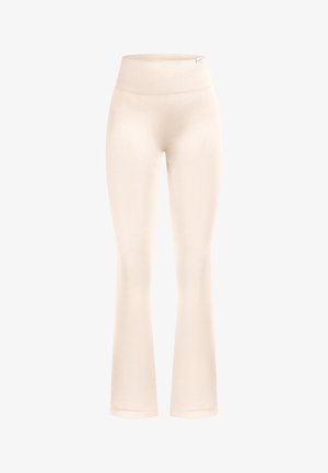Beige vide leggings lavet af strækbart stof, med en bred, ribbet talje og en glat tekstur hele vejen igennem.