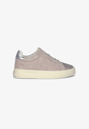 Light gray suede sneakers with a textured silver toe cap and metallic heel accent. Rubber sole, lace-up design, and minimalist style.