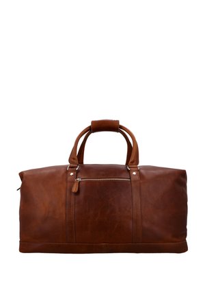 Brun læder duffel taske med to øverste håndtag, lynlåslomme foran, robust syning og en struktureret finish. Indeholder forstærkede kanter.