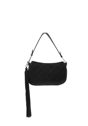 Black quilted shoulder bag with a long tassel hanging from one side and short strap with metal accents.