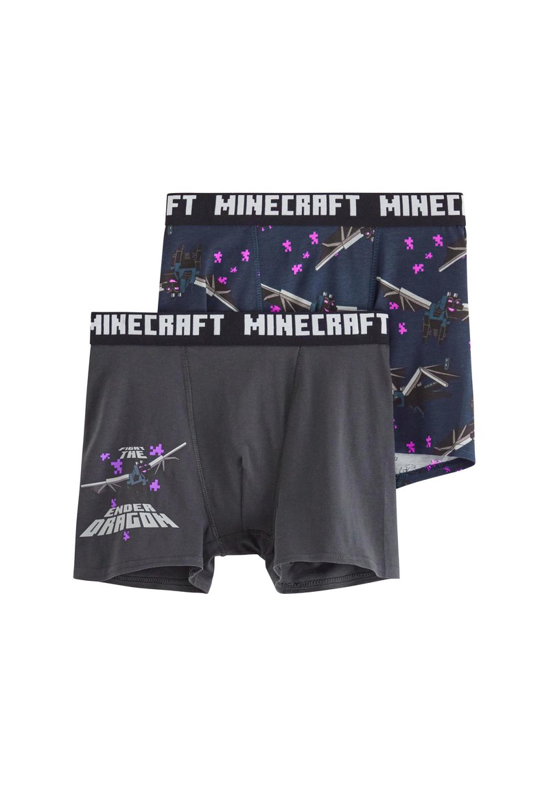 Chlapecké bavlněné kraťasy, jedny tmavě šedé s potiskem textu "Bojuj s Ender Drakem", jedny námořnické s barevnými motivy Minecraft. Černý elastický pas.
