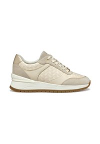 Sneaker beige in pelle testurizzata e suede, con un motivo esagonale, intersuola bianca e suola in gomma marrone.