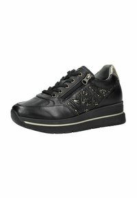 Schwarze Ledersneaker mit strukturiertem Design und metallischen Akzenten. Verfügt über Schnürsenkel, einen seitlichen Reißverschluss und eine dicke Gummisohle.