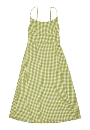 Letnia sukienka bez rękawów w zielono-białą kratkę gingham, z cienkimi ramiączkami i dopasowanym gorsetem, rozszerzająca się w spódnicę w kształcie litery A.