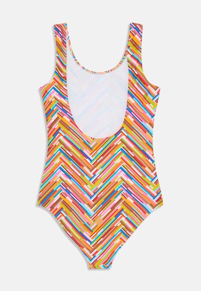 Swimsuit featuring a vibrant zigzag pattern in pink, orange, blue, and green hues; made from stretchable fabric with a scoop neck.