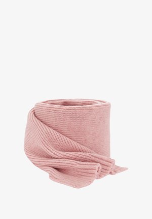 Gebreide sjaal van zachte roze wol, met een effen kleur, gladde textuur en taps toelopende uiteinden met een geribbeld patroon.